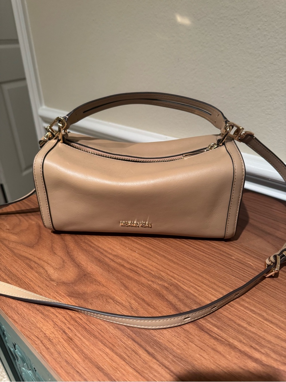 Michael Kors Taupe Leather Small Shoulder Bag with Gold Hardware